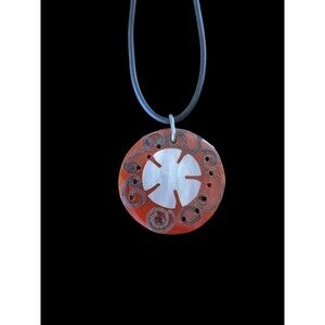 Handmade Coconut Shell Pendant Mother of Pearl Inlay Faux Leather cord